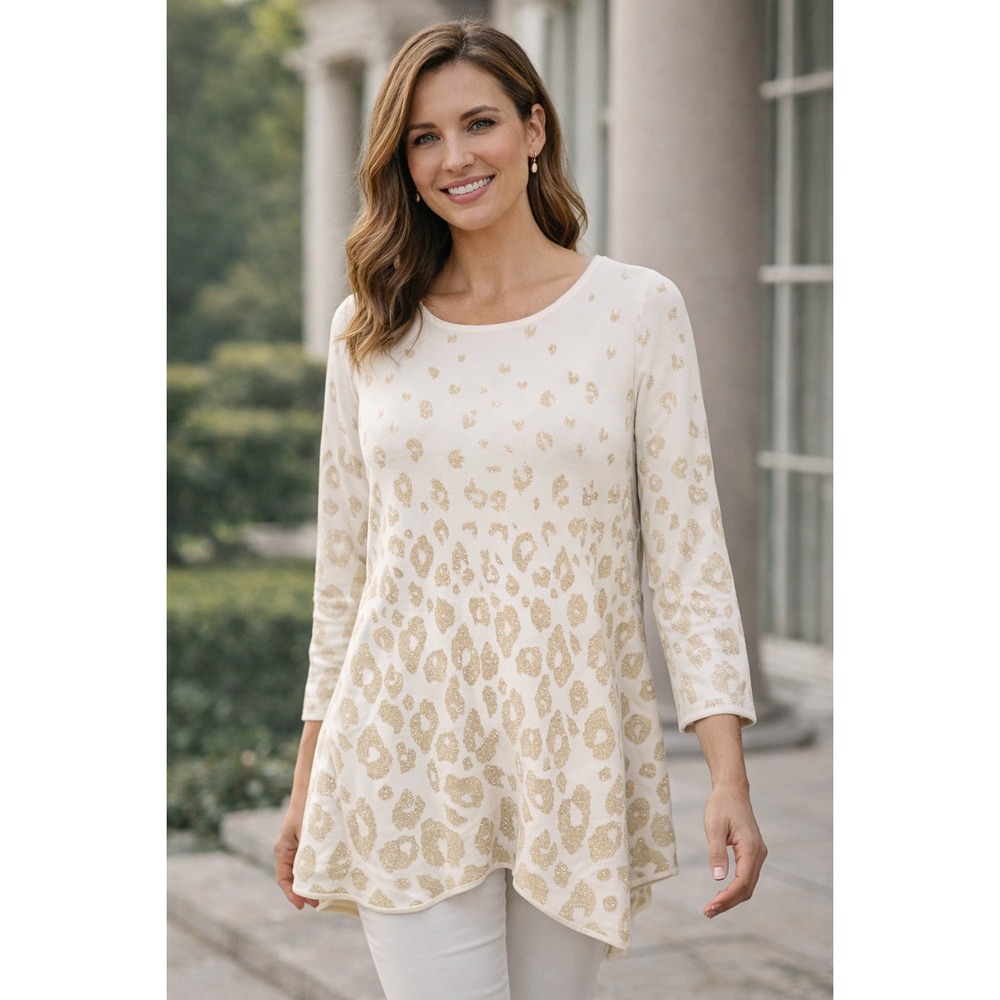 Grace Elements Gold Metallic Leopard Print Sharkbite Tunic Sweater White Small